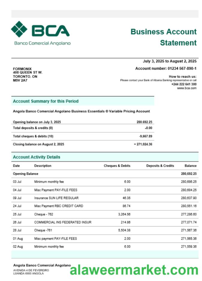 Banco Comercial Angolanno company checking account statement Word and PDF template